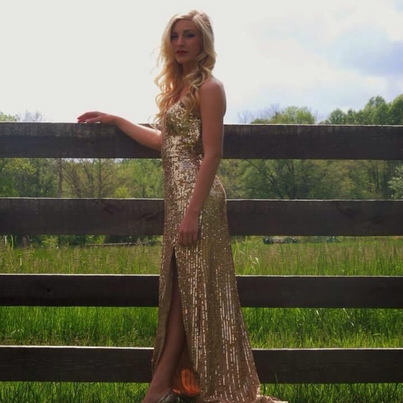 Shail K. Gold sequin maxi dress with slit. - Picture 1 of 6